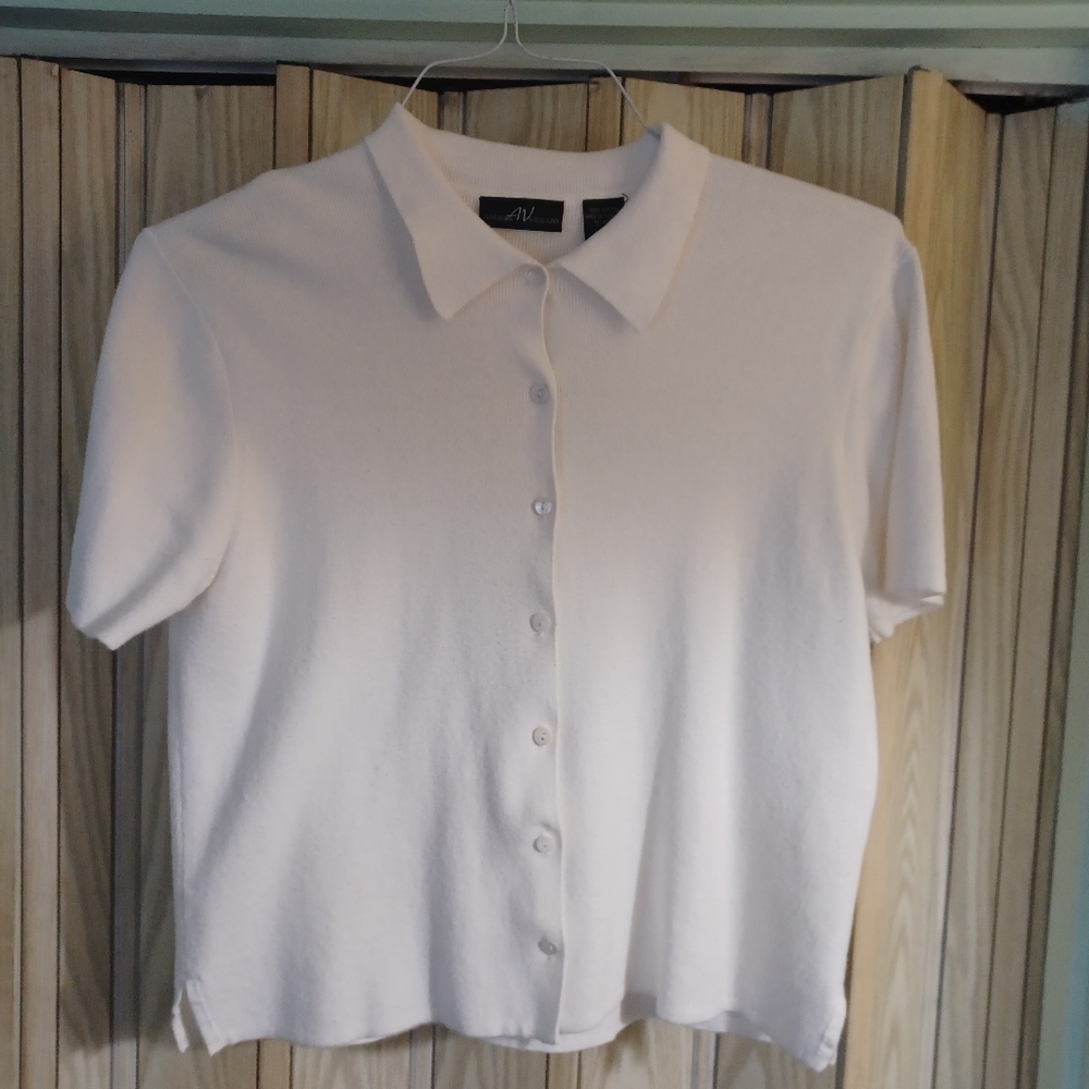 Andrea Viccaro womens L white cotton short sleeve cardigan preppy Cottagecore.